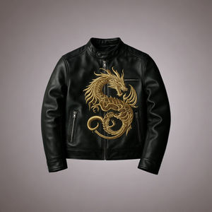 แจ็กเก็ตหนังสีดำปักลายสำหรับผู้ชายปกพับและแขนเสื้อหนัง PU งานตามสั่ง - Product Image 2