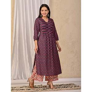 Ensemble Kurta et pantalon en coton imprimé à blocs violet foncé, vêtements traditionnels régionaux - Product Image 5