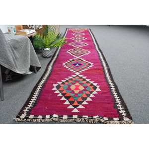 Alfombra de lana negra púrpura Kilim 2,6 X 12.3ft Técnica de Jacquard de tejido plano turco con patrón abstracto para adolescentes para pasillo - Product Image 4