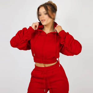 2024 hiver survêtement haute qualité survêtement pull court à capuche femmes survêtement ensembles couleur unie 100% coton polaire personnalisé - Product Image 2