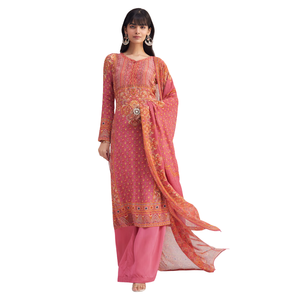 Traje Palazzo de crepé rosa con estampado Georgette Dupatta, venta al por mayor, Ropa Étnica para mujer, proveedor de fábrica de ropa OEM personalizado - Product Image 1
