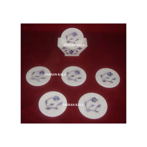 High Class Quality <b>White</b> Marble Inlaid <b>Round</b> Shaped Tea Coaster Set For Home And Kitchen Decoration Wholesaler in Bulk Quantity. - Product Image 1