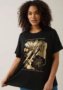 เสื้อยืดผ้าโมดอลพิมพ์ลายดอกไม้ผ้าฝ้าย100% สีดำเมทัลลิคสำหรับผู้หญิงขนาดใหญ่พิเศษอุปกรณ์โรงงานผลิต OEM/ODM บังคลาเทศจำนวนมาก - Product Image 3