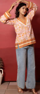 Kurti Corto de Algodón con Estampado de Melocotón RANG MALHAAR, Estilo Casual para Fiestas, Cuello en V, Manga Larga, Kurti de Algodón y Lino para Mujer - Product Image 2