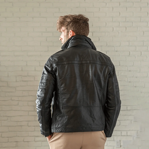 Chaqueta de Motociclista de Piel de Oveja Negra Genuina para Hombre, Chaqueta de Motociclista con Cuello Alto Extraíble, Ropa de Abrigo Cálida de Invierno con Cremallera, Chaqueta de Motociclista - Product Image 4