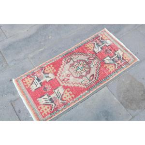 พรมตุรกี, พรมขนาดเล็ก 1.4x3.1 ฟุต, พรมวินเทจสีแดงทำจากขนสัตว์แบบอิคัต - Product Image 3