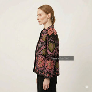Bohemian Hand-Embroidered Suzani Winter Eco-Friendly <b>Women</b> Luxury Floral Pattern Ethnic Short <b>Coat</b> Vintage Style Black <b>Velvet</b> - Product Image 5