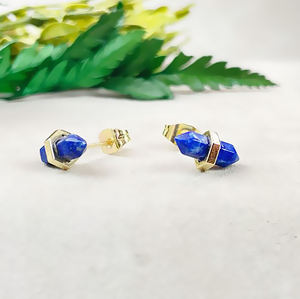 Doble punto forma lapislázuli piedra preciosa 11x5mm chapado en oro Stud pendientes 925 Plata mujer pendiente moda pendiente al por mayor Stud - Product Image 4