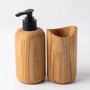 Mango Wood Bathroom Set Three Piece Rectangular Minimalist Eco Friendly <b>Toothbrush</b> <b>Holder</b> Soap Dispenser Organizer - Product Image 2
