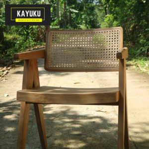 เก้าอี้ไม้สักลายทันสมัยกลางศตวรรษพร้อมพนักพิงหวายสาน - Product Image 1