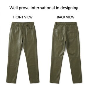 Custom Olive Green Genuine Sheepskin <b>Leather</b> Pants 600 GSM Knee Panel 5 Pocket Debossed Logo <b>Men's</b> Biker <b>Trousers</b> High Waist - Product Image 2