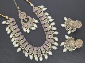 ชุดเครื่องประดับแฟชั่นอินเดียสุดพิเศษชุดสร้อยคอหิน CZ และไข่มุกพร้อมต่างหูชุดสวมหัวสำหรับผู้หญิง - Product Image 4