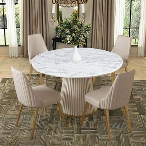 ชุดโต๊ะรับประทานอาหารในห้องครัวโรงแรมหรูหราการออกแบบที่ทันสมัยหินอ่อนสีเบจ4มะฮอกกานีเก้าอี้หนังสังเคราะห์ระเบียงสำหรับอพาร์ทเม้น - Product Image 2
