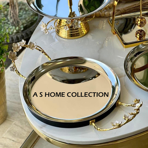 Plateau en acier inoxydable poli avec poignée en forme de fleur dorée, adapté aux familles, aux hôtels, aux mariages et aux buffets - Product Image 1