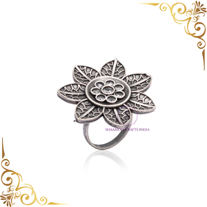 Indian Handmade Silver Oxidized Flower Ring, Adjustable Statement Jewellery, Antique Finish <b>Wedding</b>, Haldi & Party <b>Favour</b> Gift - Product Image 4