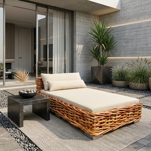 Natural <b>Rattan</b> Woven Sun Lounger Mahogany Frame Daphnie Cushion Pool <b>Daybed</b> Outdoor Deck Chair Setup Decor Art Pure Design - Product Image 5