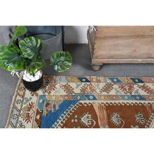 Tapis turc vintage 3.9 X 7.2ft marron bleu Patchwork Design laine Latex plat tissage Technique pour salon couloir décorations - Product Image 5