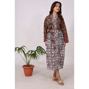 Bata de Kimono con estampado de bloques florales hecha a mano para mujer, vestido de salón bohemio, algodón indio ecológico, 100%, suave, lavable, otoño Natural - Product Image 3
