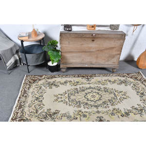 Tapis en laine marron beige antique de 3.6x6.7 pieds Design patchwork turc vintage tissage plat en latex pour la décoration de salon pour les adolescents - Product Image 2