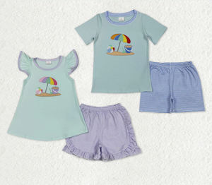 ชุดเสื้อผ้าเด็กชายหญิงลายปักชายหาด กางเกงขาสั้นลายทาง - Product Image 1