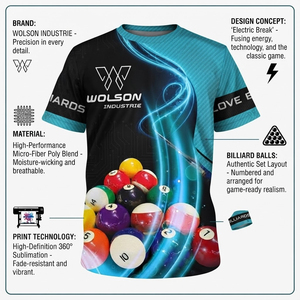 เสื้อเจอร์ซีย์สนุกเกอร์พิมพ์ลายดิจิตอลสำหรับผู้ใหญ่ แบบยูนิเซ็กซ์ ผ้าโพลีเอสเตอร์ ระบายอากาศ แห้งเร็ว เสื้อกีฬาแขนสั้น สำหรับบิลเลียด พูล ฝึกซ้อม และสโมสร - Product Image 4