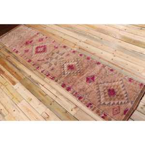 2.6x11.1 ft Vintage Runner Rug, <b>Brown</b> Pink Turkish Plants & trees <b>Wool</b> Rug - Product Image 4