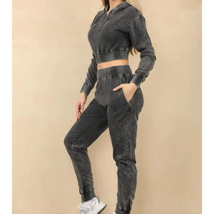 Conjunto Deportivo Lavado para Mujer, Sudadera con Capucha Estilo Vintage Lavado Ácido, Pantalones Jogger de Algodón Grueso, Estilo Urbano, Venta al por Mayor, Conjunto de Sudadera Corta con Capucha - Product Image 5