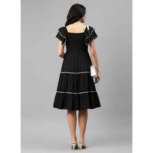 Deebaco Women's Solid Black Boho Midi Dress A-Line Square Neck Sleeveless Ruffles <b>Elastic</b> Waist Casual Summer Western Wear <b>Lace</b> - Product Image 3