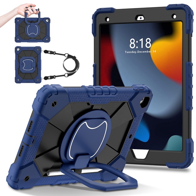 Rugged PC Silicone Tablet Case Shockproof Protective Cover with Hand Strap Stand for iPad 10.2 9th 8th 7th Gen