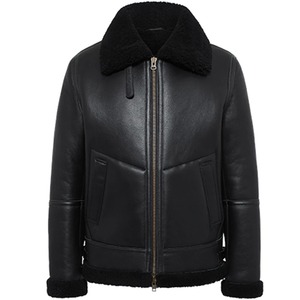 Blouson aviateur en cuir véritable en peau de mouton, fermeture éclair en fourrure, rembourrage en coton, noir - Product Image 3