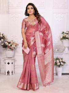 Banarasi de seda de organza suave con colección de Sari de borde tejido Jari dorado para mujer - Product Image 4