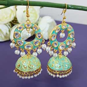 Bijoux indiens Bollywood Antique Crystal Kundan Jhumki Jhumka Ensemble de boucles d'oreilles pour femmes - Product Image 2