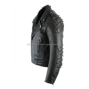 Veste en cuir de mouton noir pour homme, style rock punk, avec tissu en toile clouté - Product Image 4