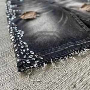 Fabrication de vêtements baggy personnalisés et perlés pour hommes, shorts en jean streetwear avec broderie dégradée, nouveaux shorts en jean strass - Product Image 5