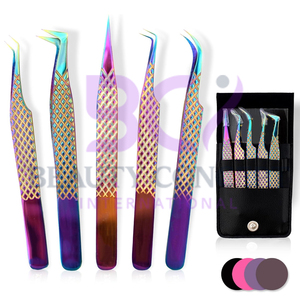 Juego de pinzas de extensión de pestañas de acero inoxidable multicolor con estuche de cuero ecológico, pinzas injertadas - Product Image 5