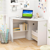 Table d'ordinateur moderne en bois avec coin en triangle et gain de place avec bibliothèque