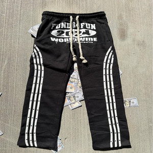 Ensembles de survêtements en coton délavé à l'acide, épais, avec fermeture éclair, appliqué brodé, pantalon de survêtement évasé, sweats à capuche et pantalons de survêtement à rayures - Product Image 3