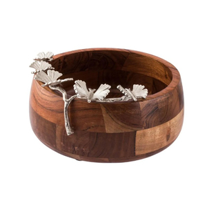 Bol exclusif en bois d'acacia Accents en métal argenté Papillon Ginkgo Design Poli pour mariage Usage domestique Table à manger élégante - Product Image 4