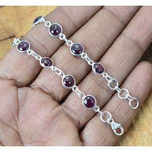 925 Sterling Silver Classic Chain Link Charm <b>Bracelet</b> with <b>Garnet</b> Gemstone for Unisex Everyday Wear - Product Image 1