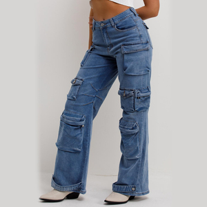 Customized Women's Summer Breathable Eco-Friendly 100% Cotton <b>Elastic</b> <b>Waist</b> Loose Straight Wide Leg Vintage Light Wash Quick Dry - Product Image 1