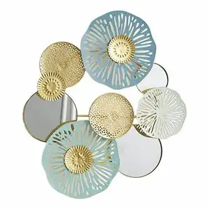 Wonderful Royal Pretty Design Metal Iron Etching & Mirror Round Wall Art Gold & Blue And White For Living Room And Bedroom Decor