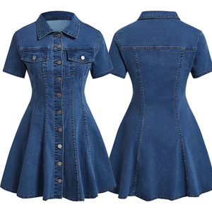 ชุดเดรสผ้ายีนส์แบบกระดุมแถวเดียวสำหรับผู้หญิงชุดเดรสผ้าย้อมสีพื้นแบบคลาสสิกสำหรับฤดูร้อน - Product Image 2
