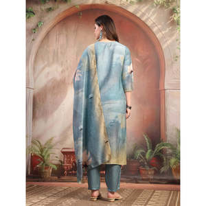 ชุดคุर्ตาผ้าไหมจอร์เจตต์พิมพ์ลายสีเขียวสำหรับผู้หญิง พร้อมกางเกงและผ้าคลุมไหล่ สไตล์ปากีสถาน-อินเดีย ชุดสัลวาร์ คามีซแบบเย็บสำเร็จ - Product Image 6