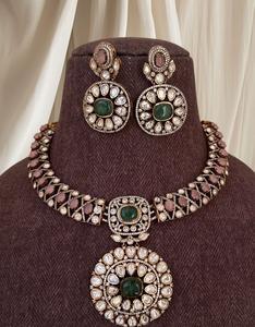 High Quality Designer Gold Plated <b>Moissanite</b> Stones Look <b>Necklace</b> Set With Earrings Women Traditional Wedding Wear Collection - Product Image 4