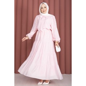 Ensemble deux pièces en mousseline avec col à nœud et jupe, style doux, rose, short XS pour tenues printemps/été - Product Image 1
