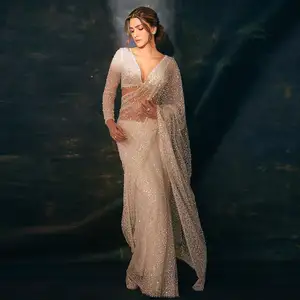 印度趋势设计精美的纱丽软网，配有珍珠工作纱丽，用于派对和婚纱