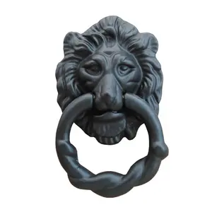 Porte d'entrée décorative robuste en forme de tête de lion, vente en gros, figurine d'animal en fonte, noir mat