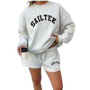 Women's Casual Short Sets Wholesale High Quality Custom Spandex/Polyester Solid 2 Piece <b>Crewneck</b> Sweatshirt Shorts Breathable - Product Image 1