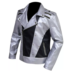 Veste de moto en cuir véritable d'agneau avec col montant veste enduite d'hiver haut de motard noir et argenté de styliste pour hommes - Product Image 3