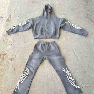 Survêtements d'hiver pour hommes, zippés, avec broderie de lettres effet vieilli sur toute la surface, sweat à capuche et pantalon de survêtement délavé à l'acide, en molleton bouclette 100% coton, OEM - Product Image 1